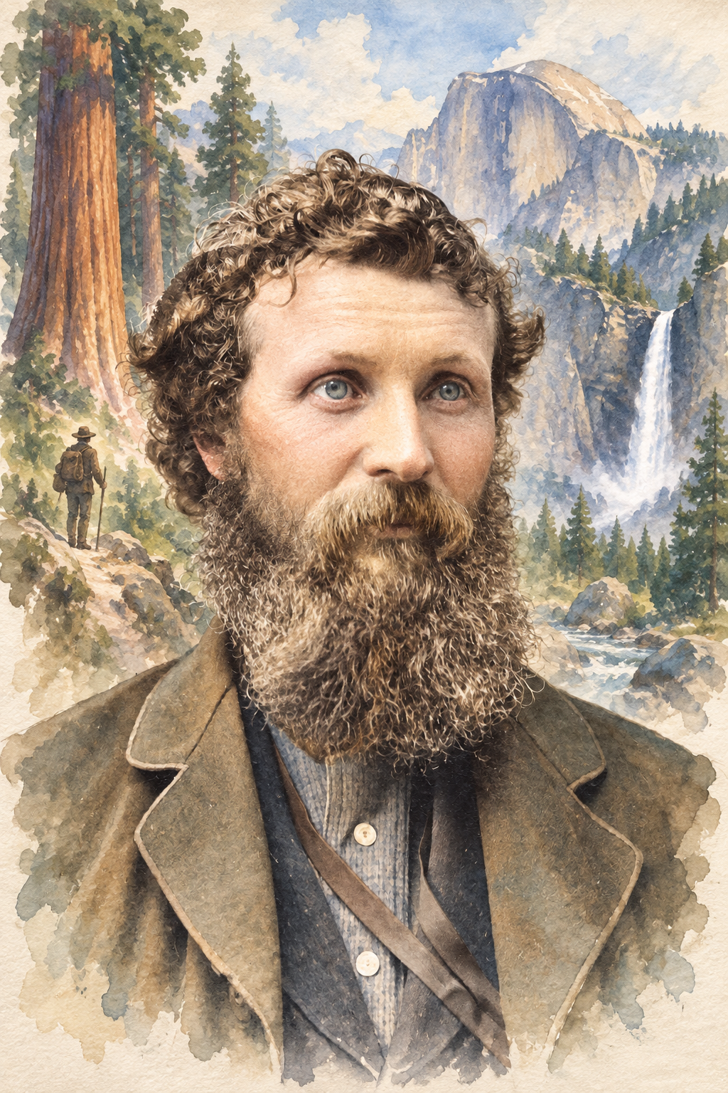 Watercolor portrait of John Muir with scenes inspired by their writing.