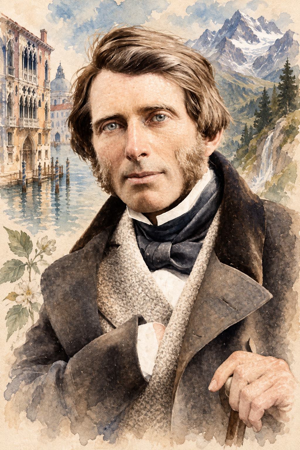 Watercolor portrait of John Ruskin with scenes inspired by their writing.