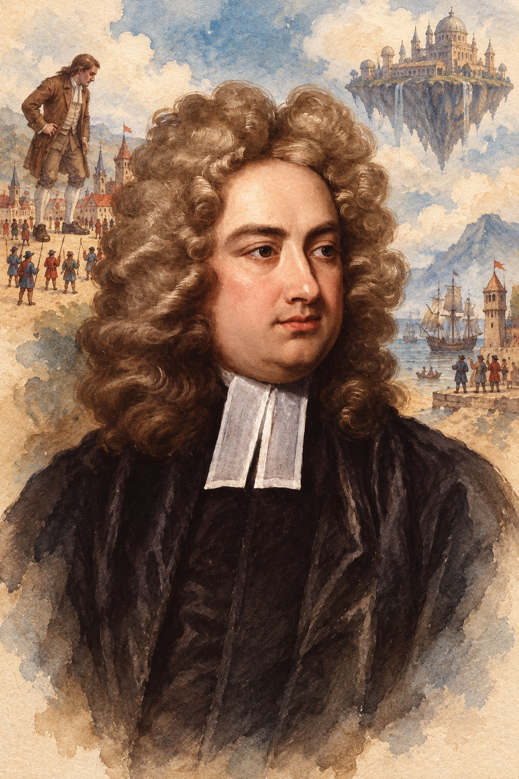 Watercolor portrait of Jonathan Swift with scenes inspired by their writing.