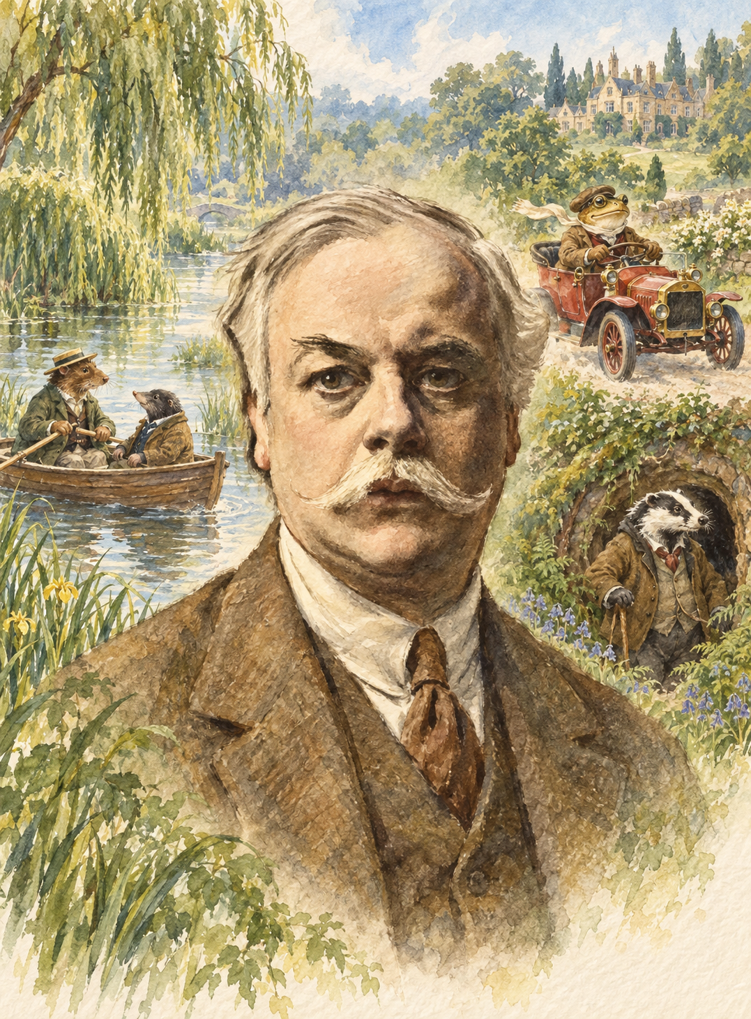 Watercolor portrait of Kenneth Grahame with Mole, Rat, Badger, and Toad in scenes from The Wind in the Willows.