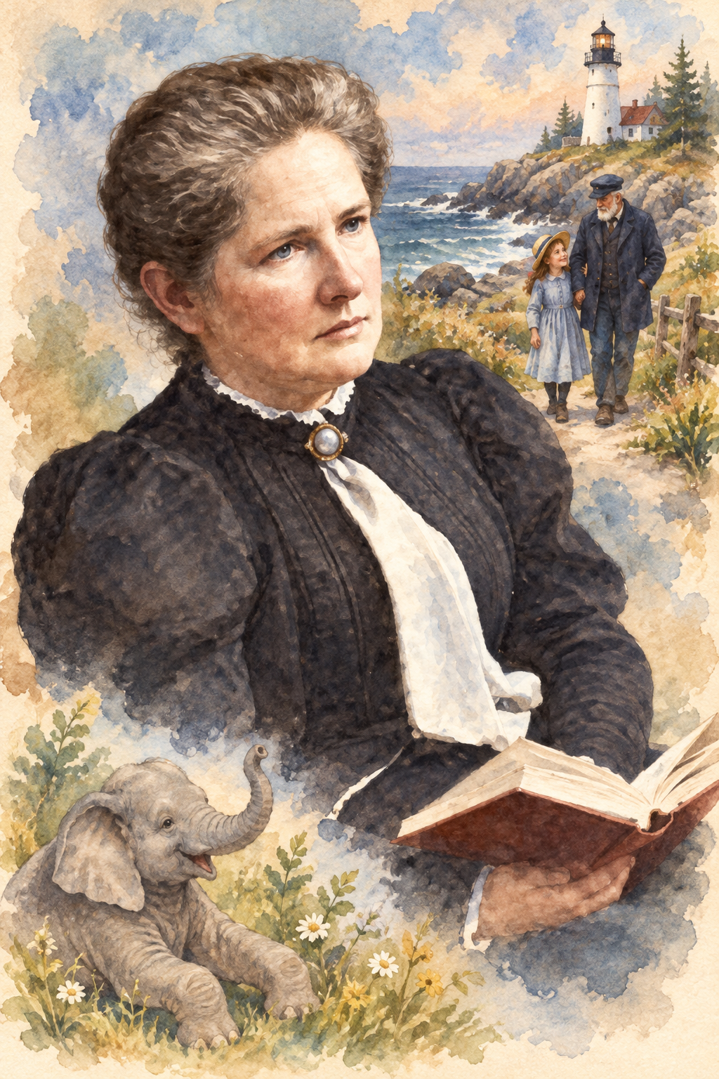 Watercolor portrait of Laura E. Richards with scenes inspired by their writing.
