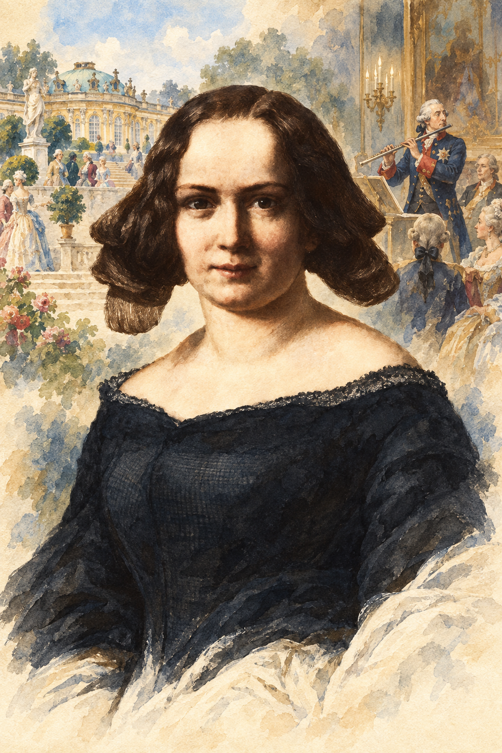 Watercolor portrait of Luise Mühlbach with scenes inspired by their writing.