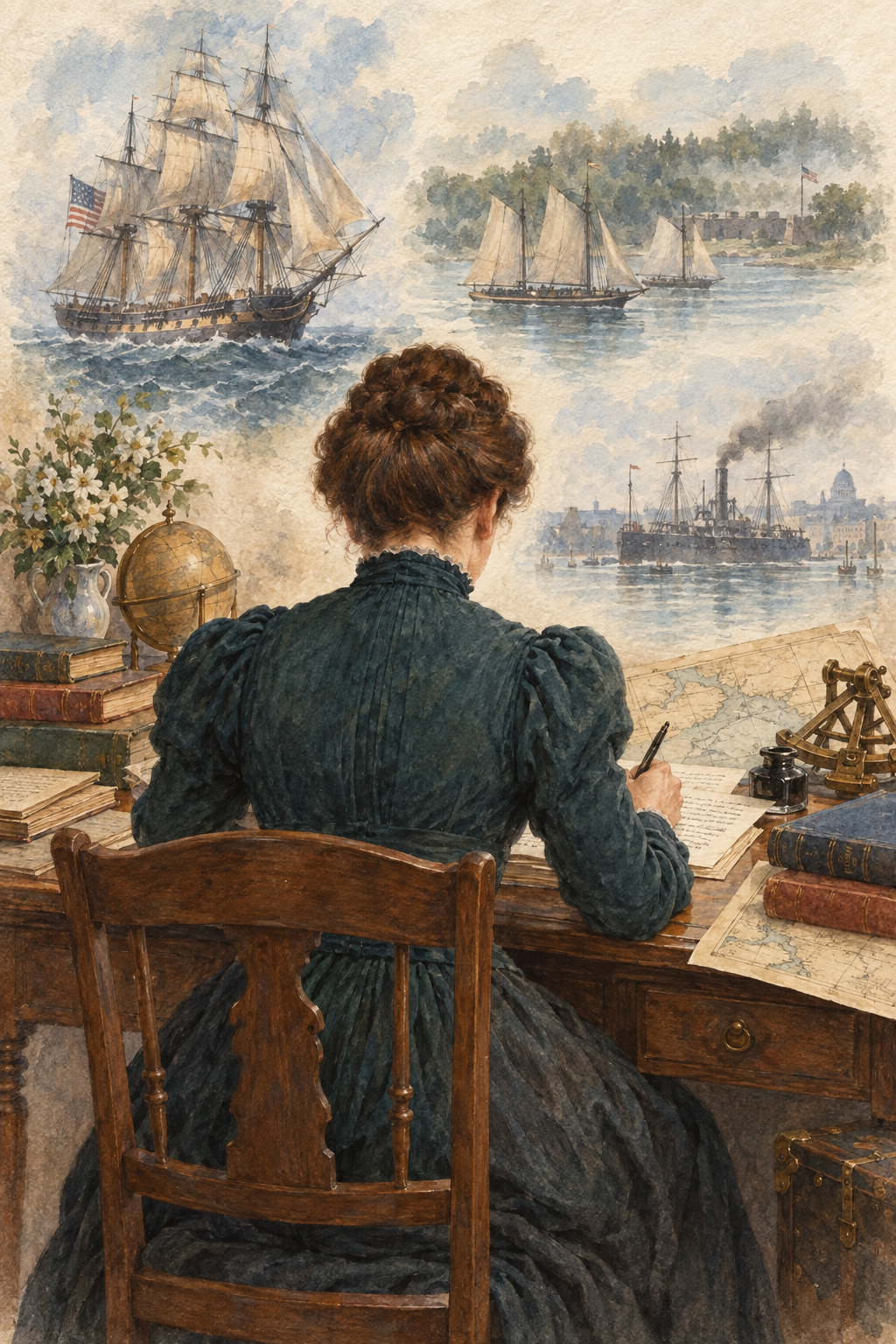 Symbolic watercolor illustration for Mabel Borton Beebe: a woman seen from behind writing at a desk, with scenes inspired by their books.