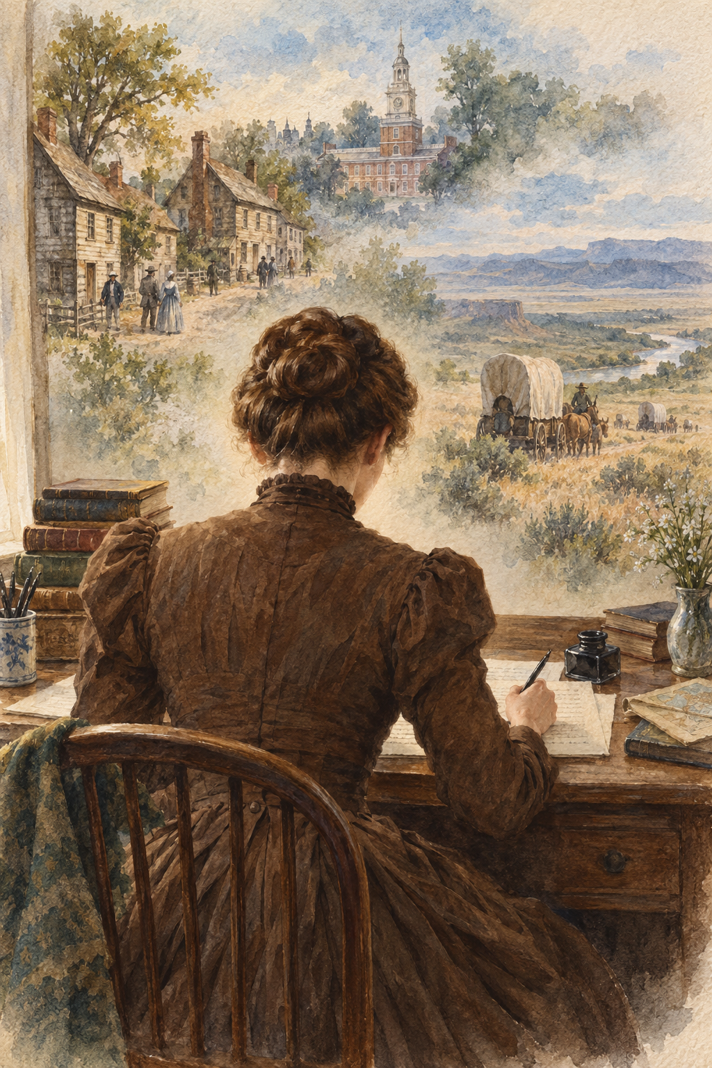 Symbolic watercolor illustration for Mara L. Pratt: a woman seen from behind writing at a desk, with scenes inspired by their books.