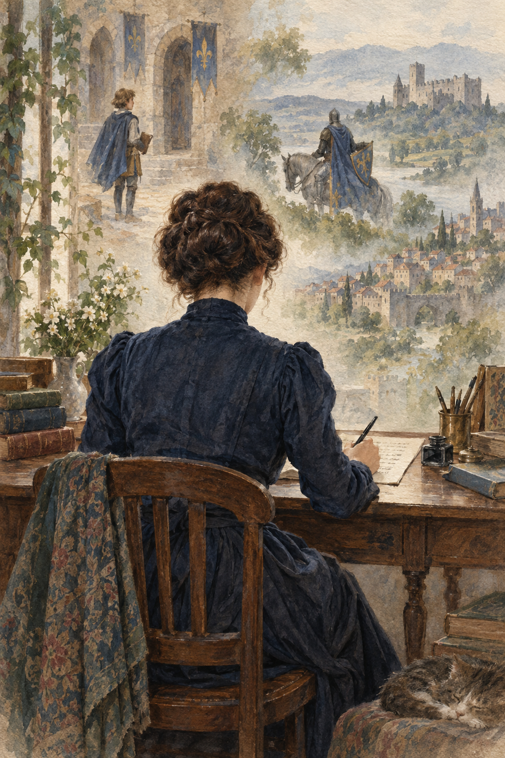 Symbolic watercolor illustration for Marion Lansing: a woman seen from behind writing at a desk, with scenes inspired by their books.