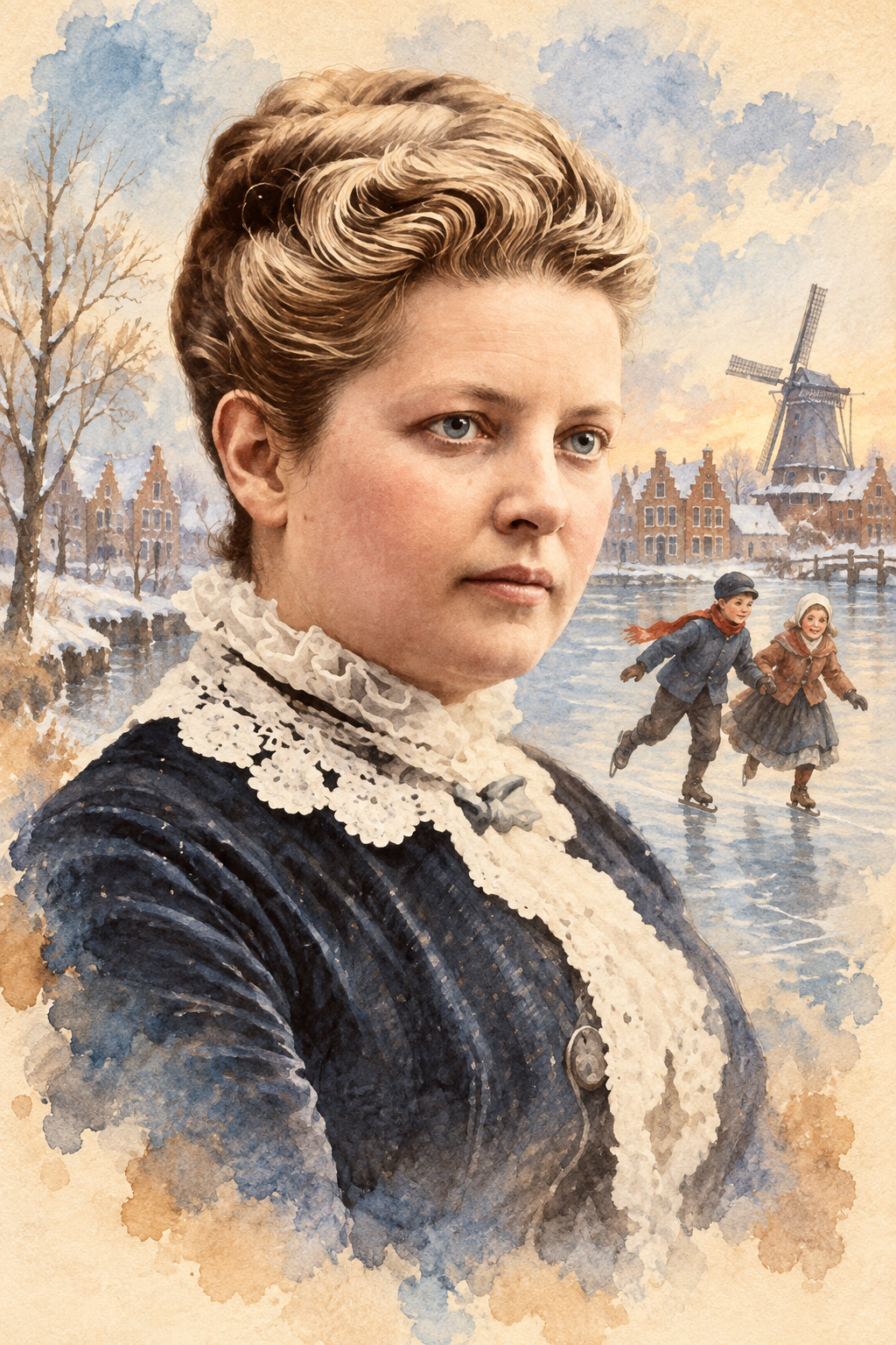Watercolor portrait of Mary Mapes Dodge with scenes inspired by their writing.