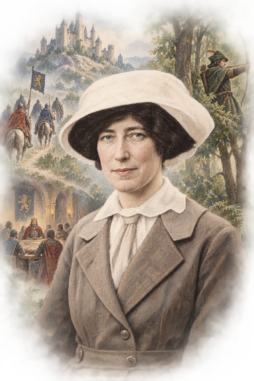 Watercolor portrait of Maude Radford Warren with scenes inspired by their writing.