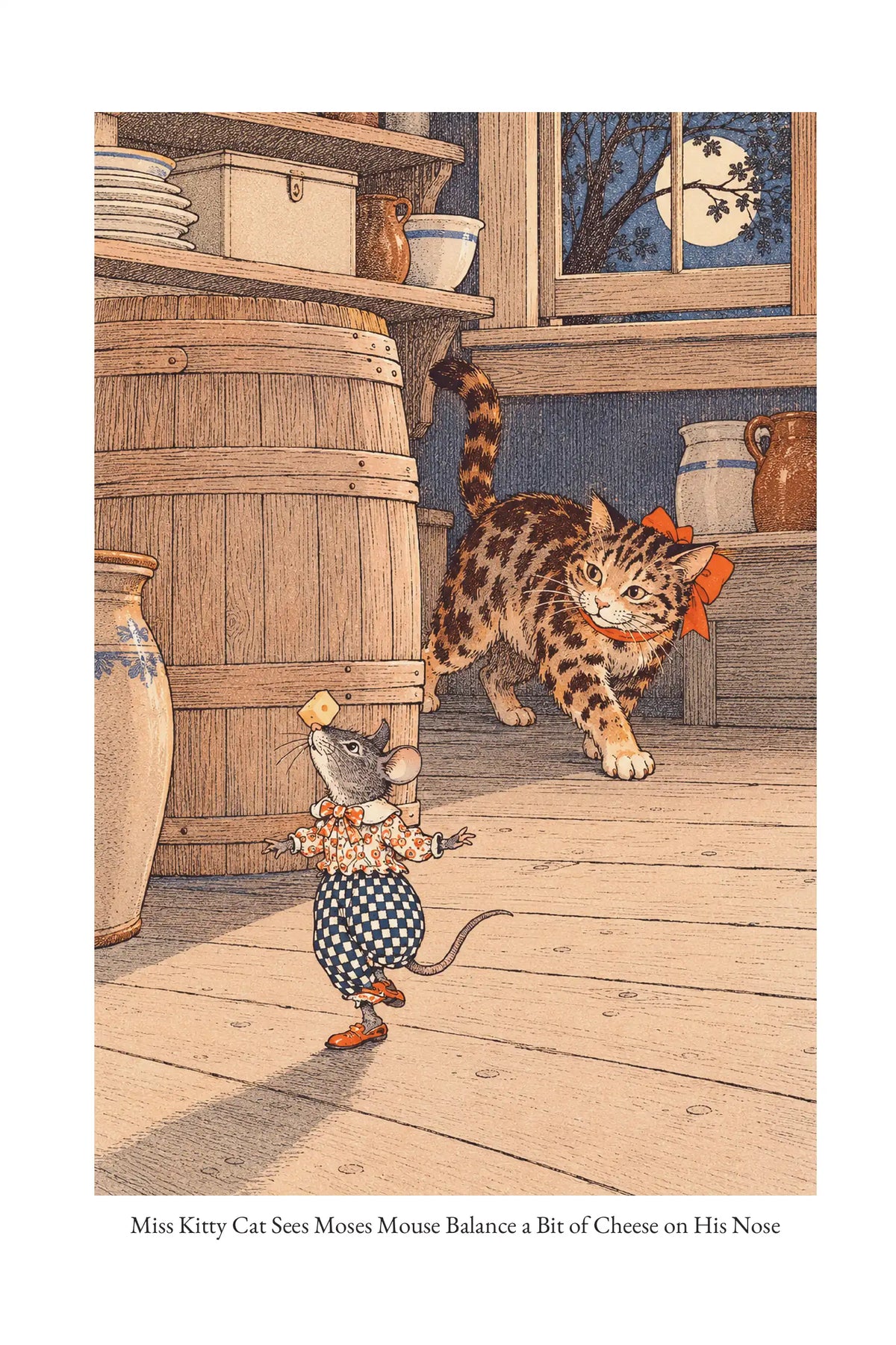 Miss Kitty Cat Sees Moses Mouse Balance a Bit of Cheese on His Nose — full illustration page from The Tale of Miss Kitty Cat