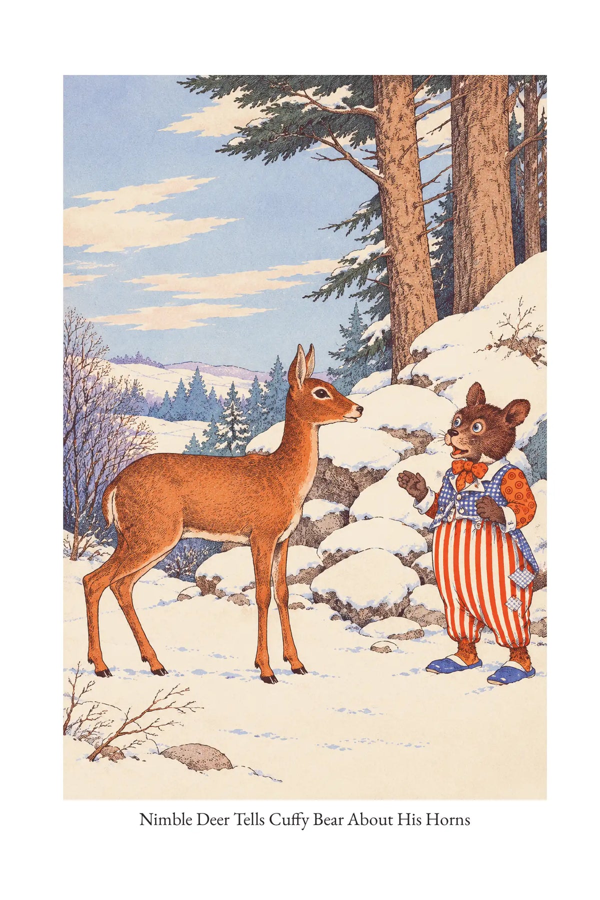 Nimble Deer Tells Cuffy Bear About His Horns — full illustration page from The Tale of Nimble Deer