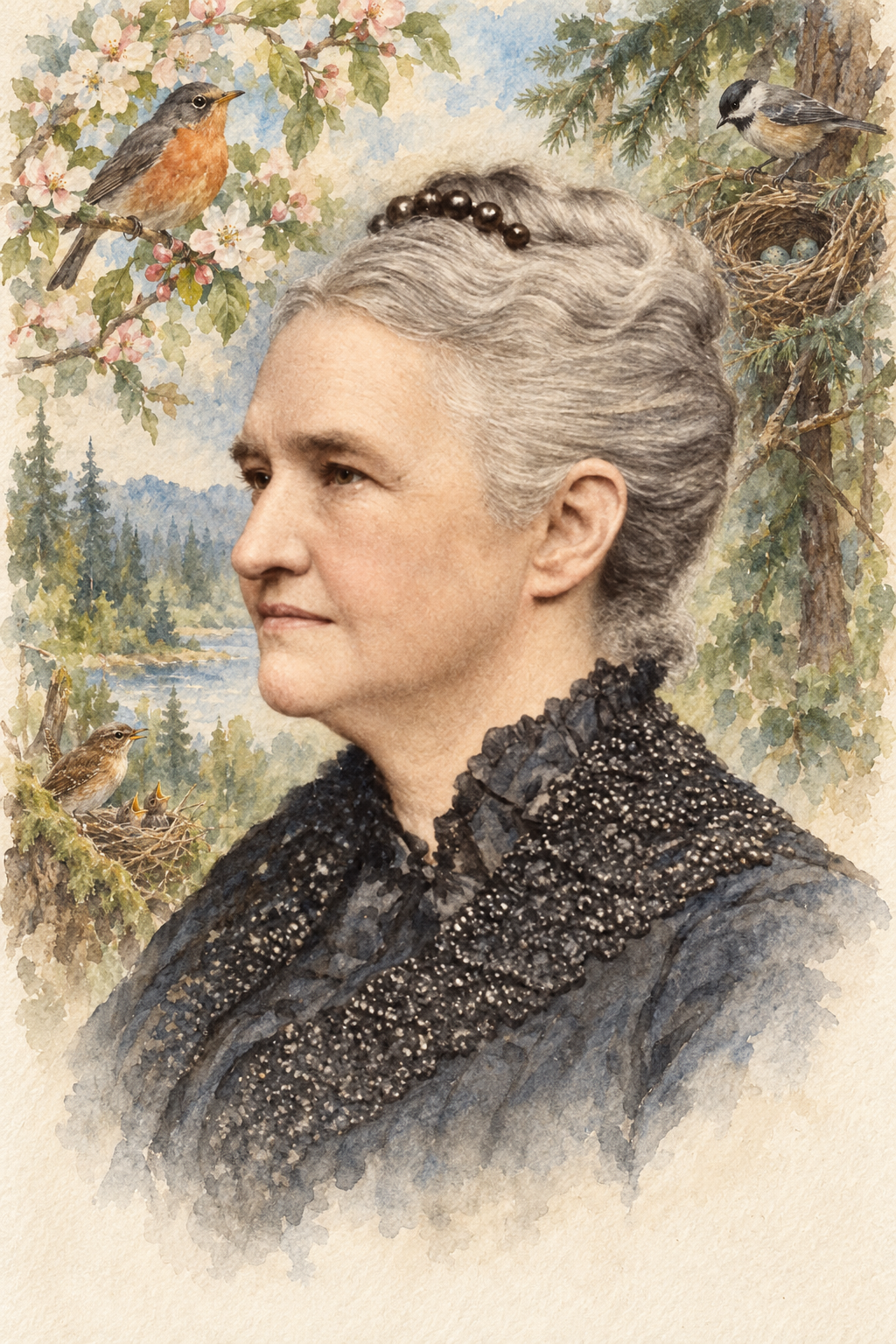 Watercolor portrait of Olive Thorne Miller with scenes inspired by their writing.
