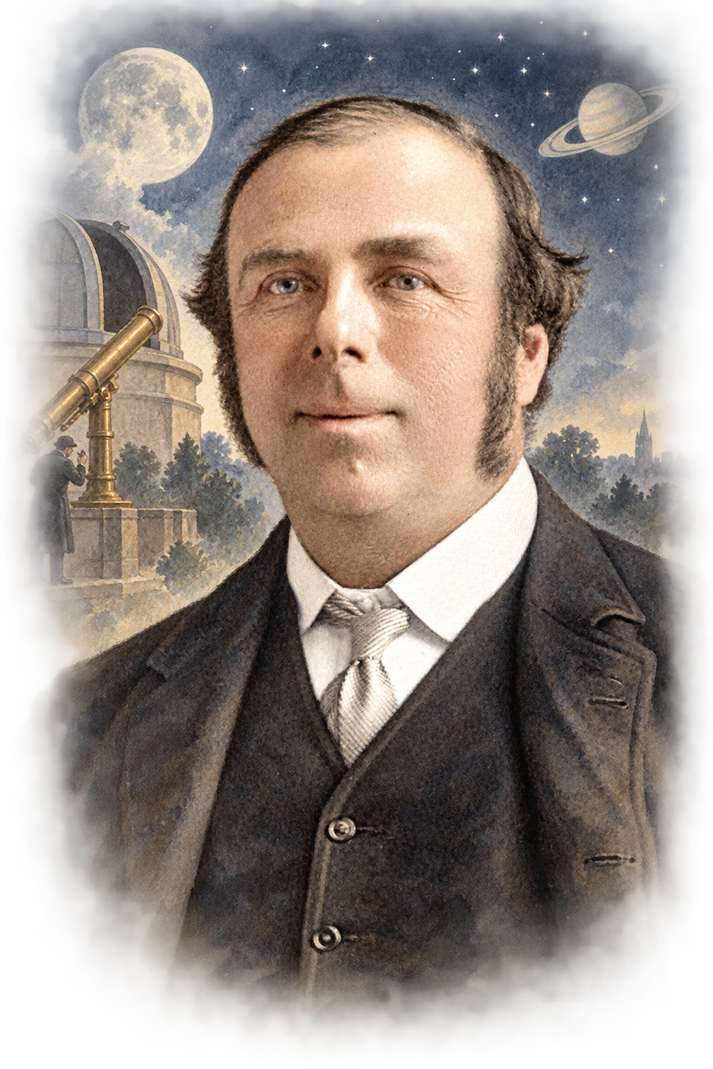 Watercolor portrait of R. S. Ball with scenes inspired by their writing.
