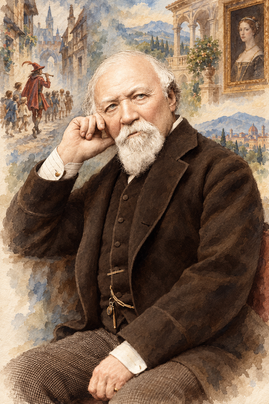 Watercolor portrait of Robert Browning with scenes inspired by their writing.
