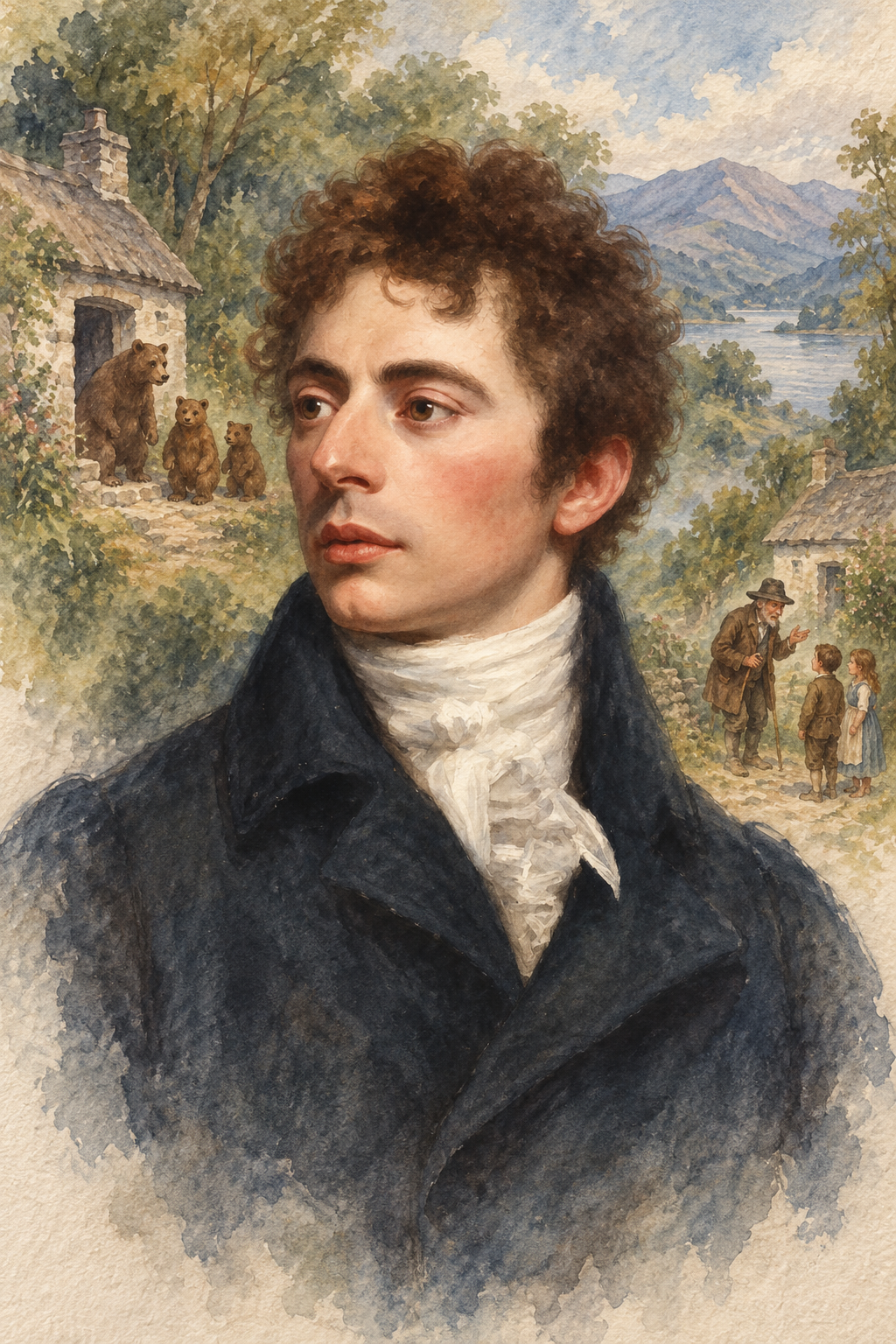 Watercolor portrait of Robert Southey with scenes inspired by their writing.