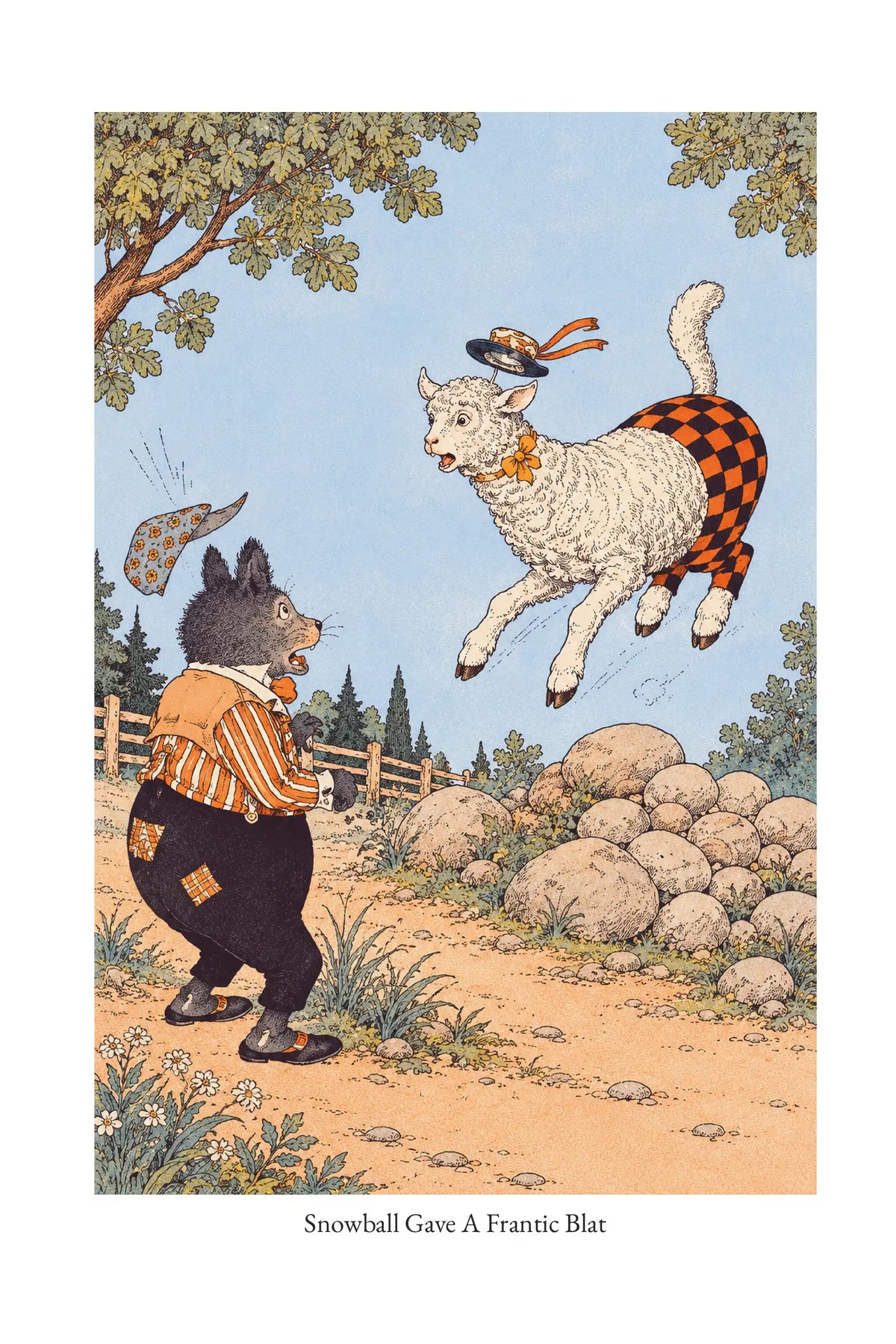 Snowball Gave a Frantic Blat — full illustration page from The Tale of Snowball Lamb