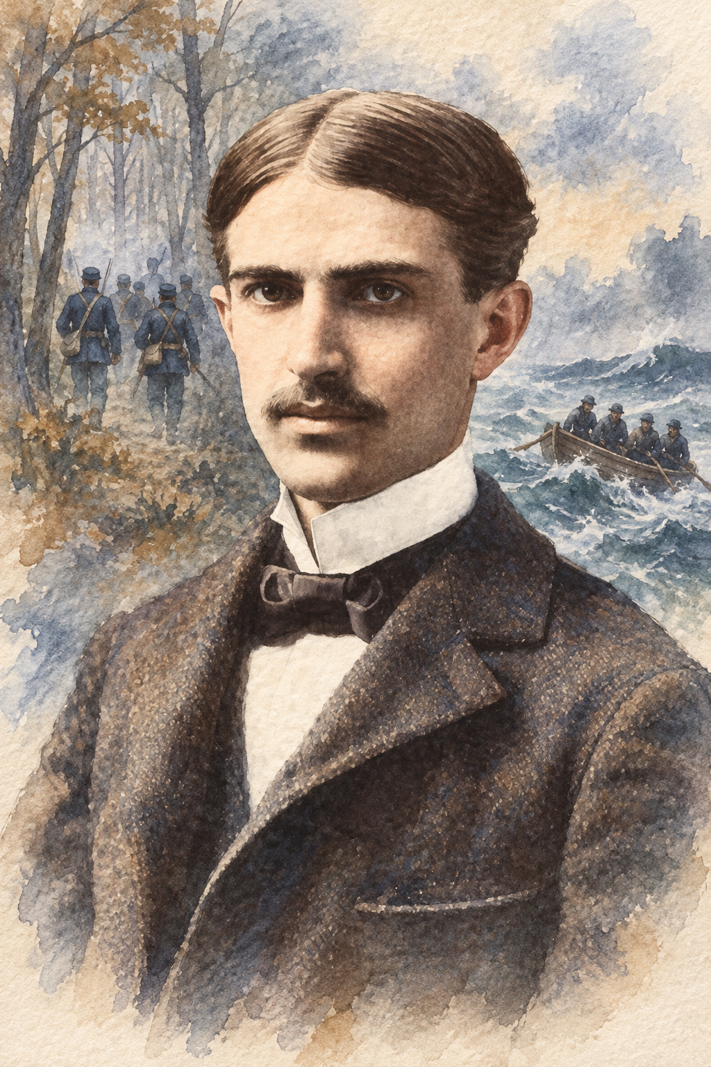 Watercolor portrait of Stephen Crane with scenes inspired by their writing.