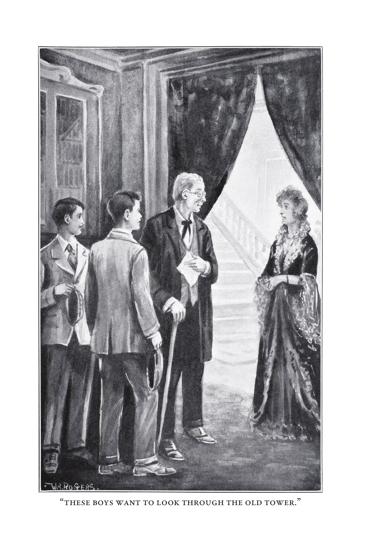 The Tower Treasure — frontispiece: “These boys want to look through the old tower.”