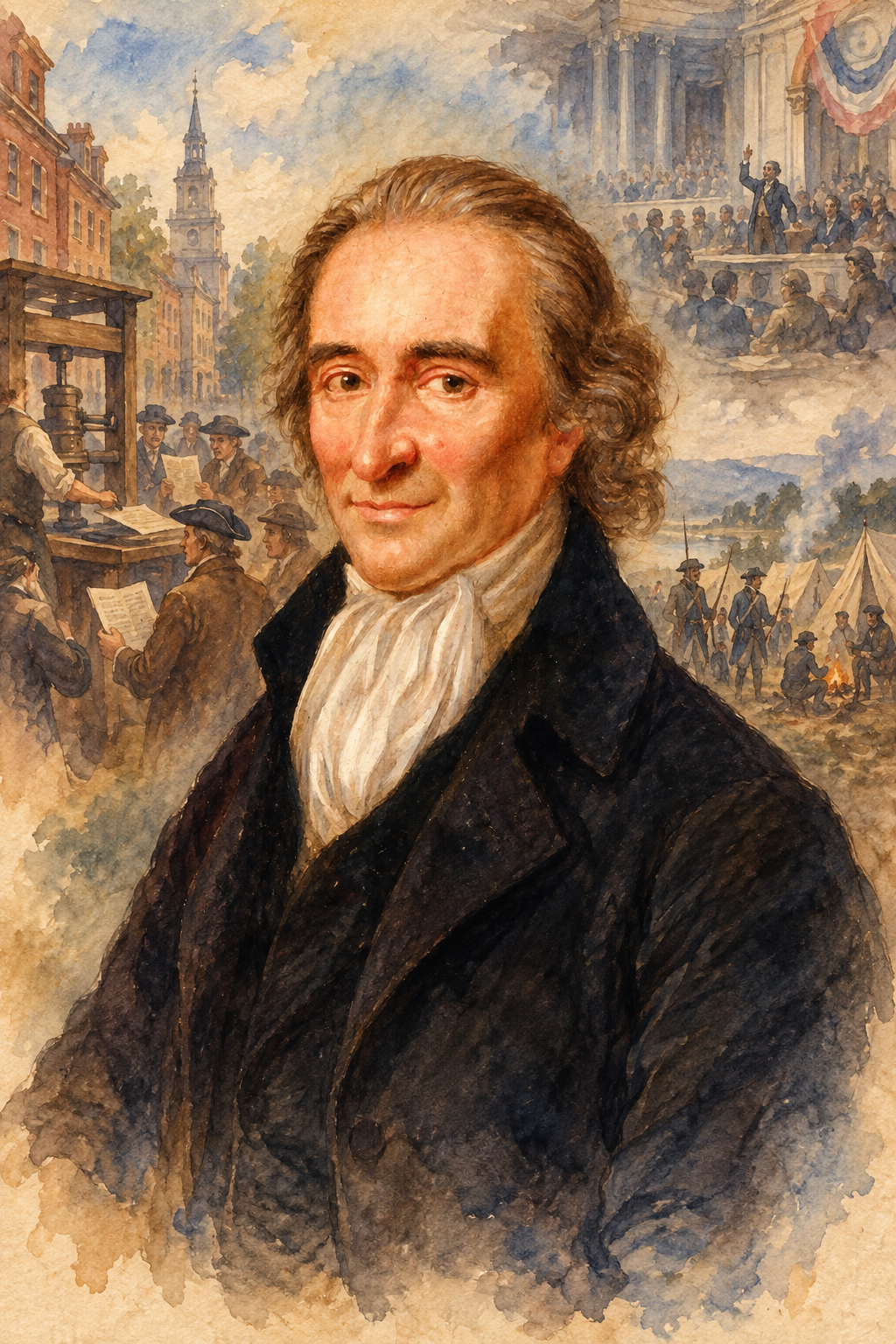 Watercolor portrait of Thomas Paine with scenes inspired by their writing.