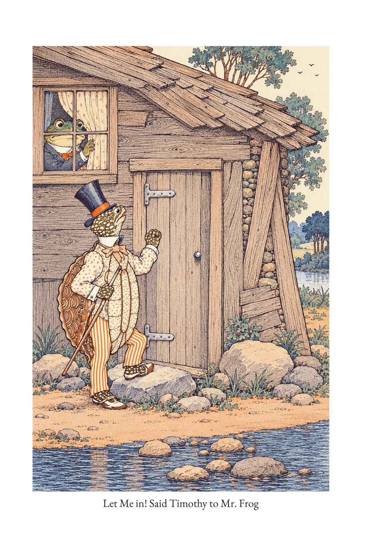 Let Me In! Said Timothy to Mr. Frog — full illustration page from The Tale of Timothy Turtle