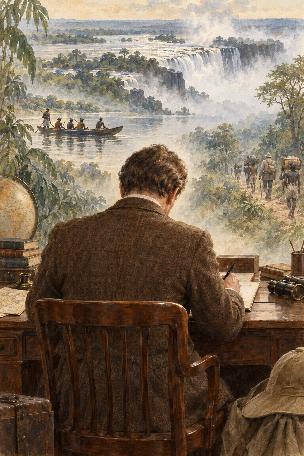Symbolic watercolor illustration for Vautier Golding: a man seen from behind writing at a desk, with scenes inspired by their books.