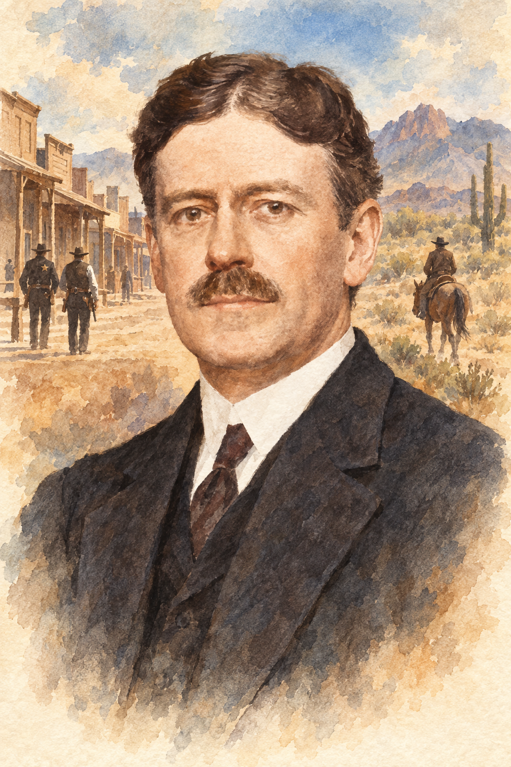 Watercolor portrait of Walter Noble Burns with scenes inspired by their writing.