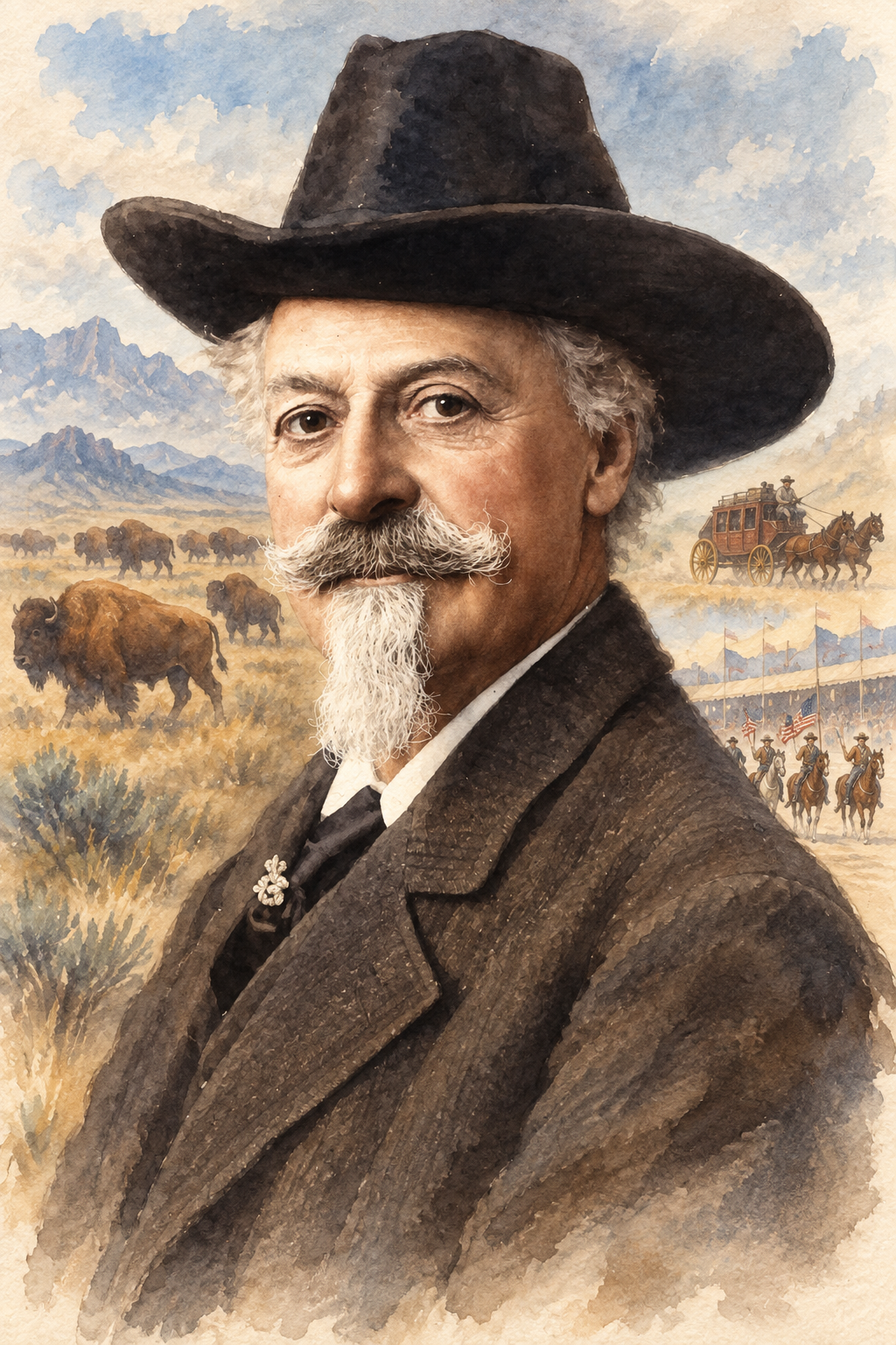 Watercolor portrait of William F. Cody with scenes inspired by their writing.